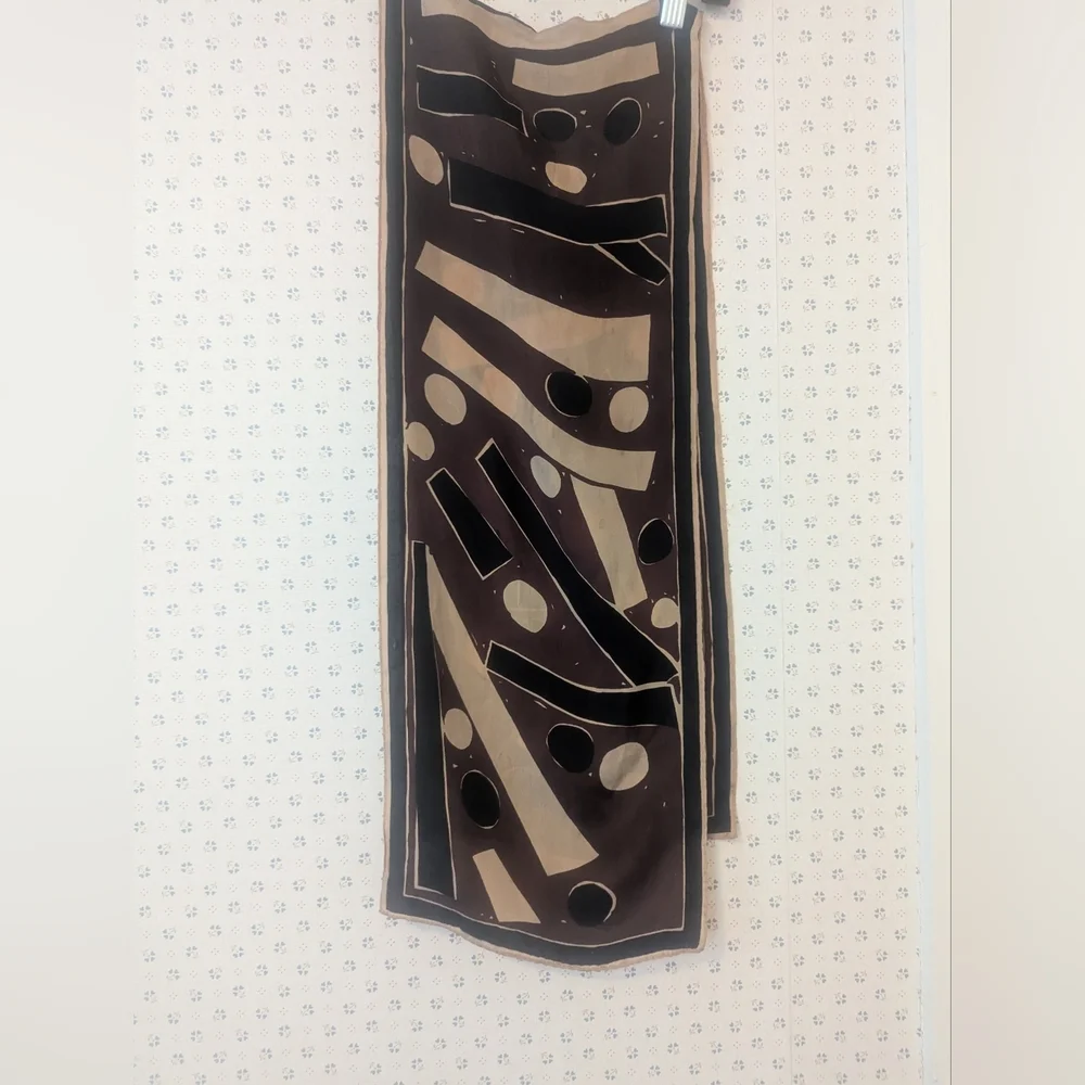 Vera Vintage Silk Scarf Skinny Brown Black Cream Patterned 1970's
